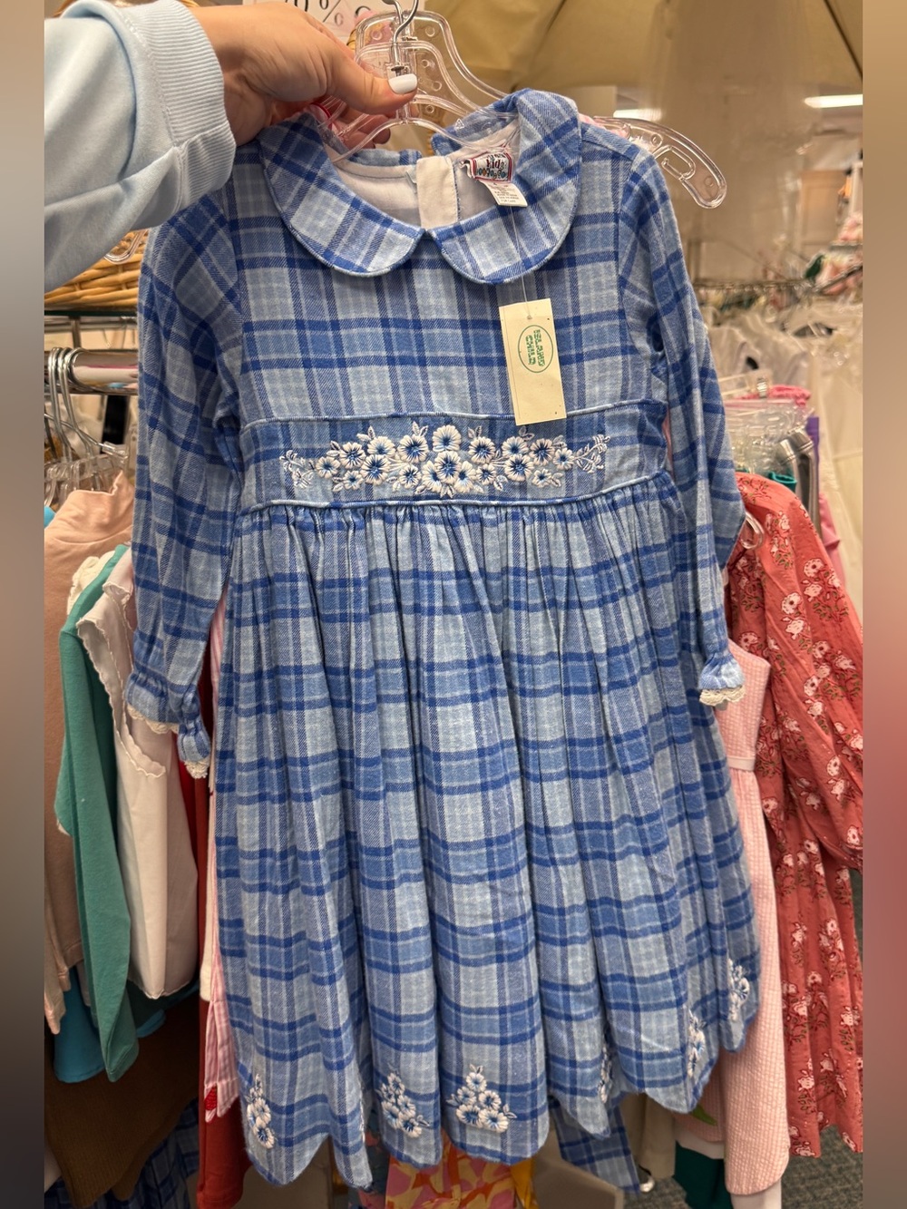 Blue Plaid Embroidered Peter Pan Collar Kids Dress